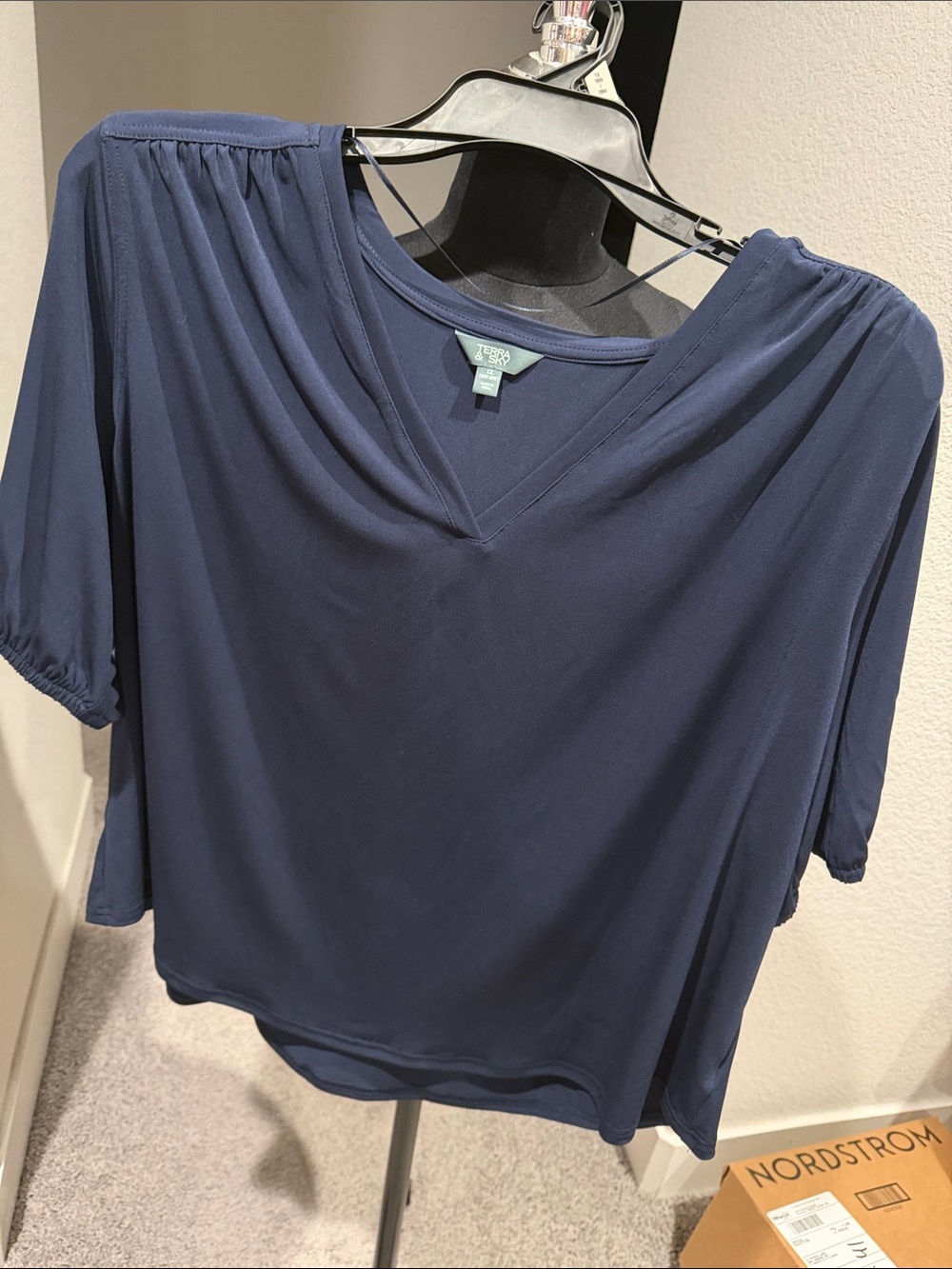 Terra & Sky Navy V-Neck Draped Women's Blouse